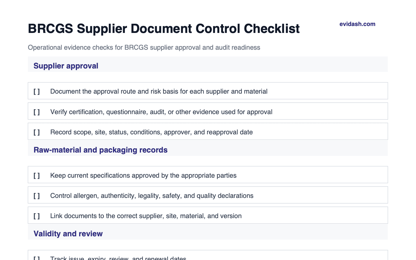 BRCGS supplier document control checklist preview showing supplier approval and raw-material records checks