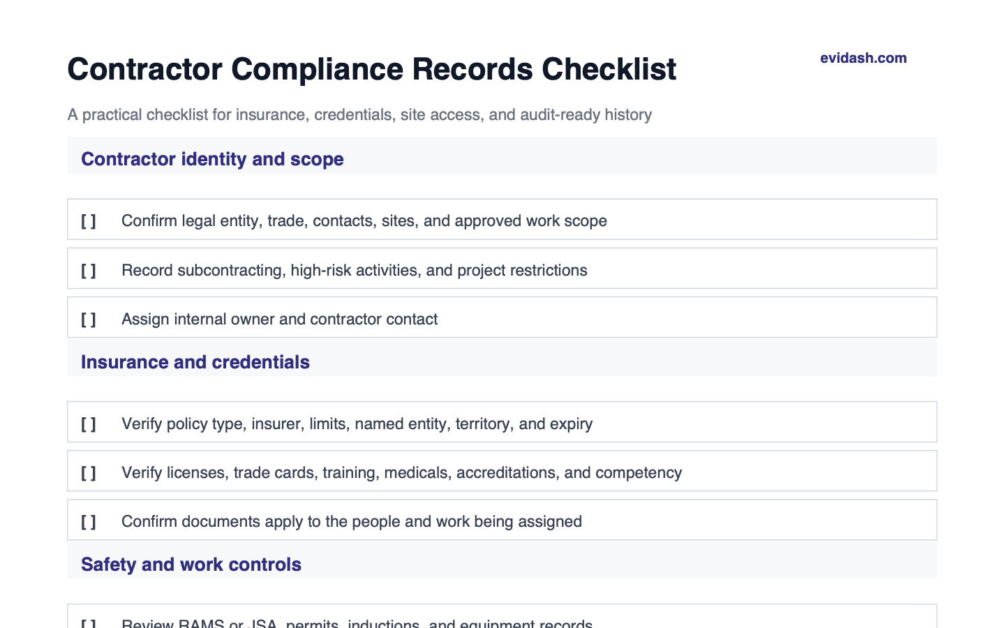 Contractor compliance records checklist preview showing contractor identity, scope, insurance, and credentials checks