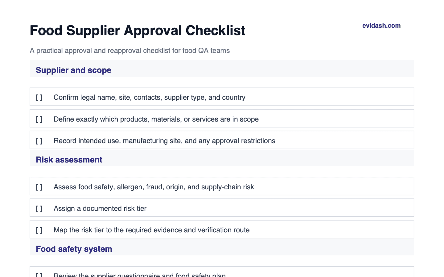Food supplier approval checklist preview showing supplier scope and risk assessment checks