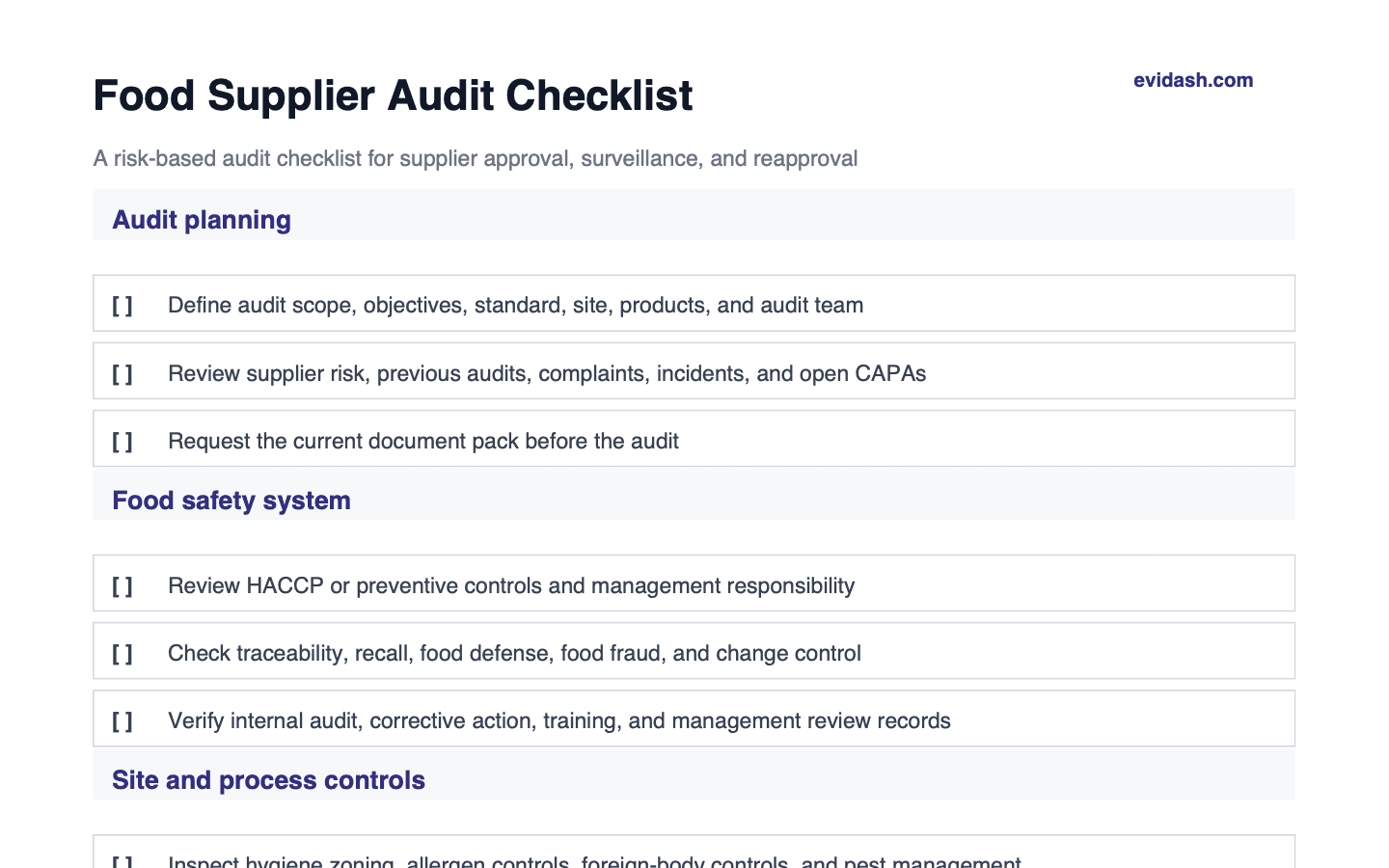 Food supplier audit checklist preview showing audit planning and food safety system checks