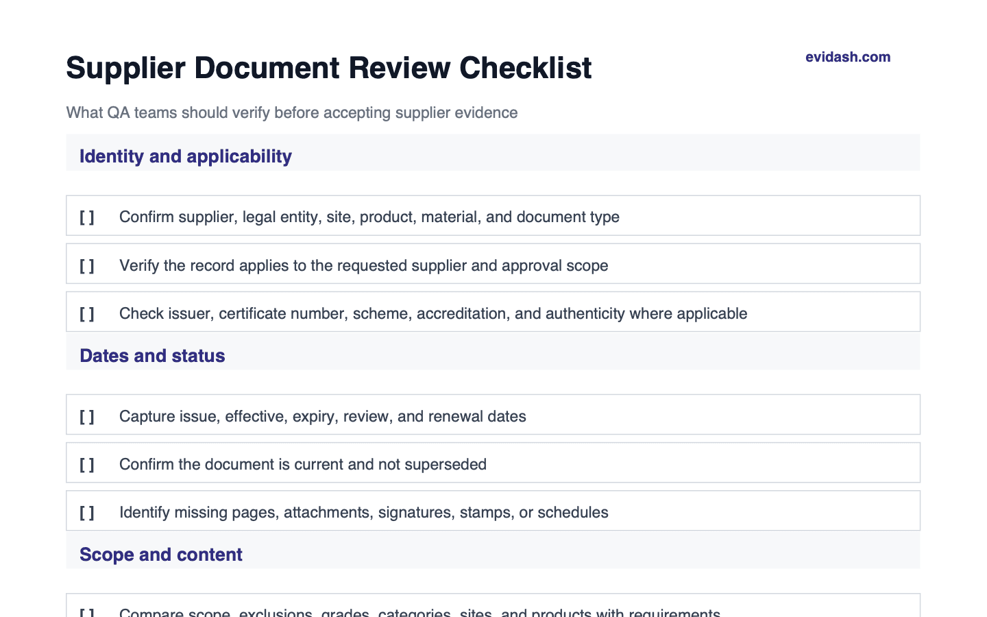 Supplier document review checklist preview showing identity, applicability, dates, and status checks