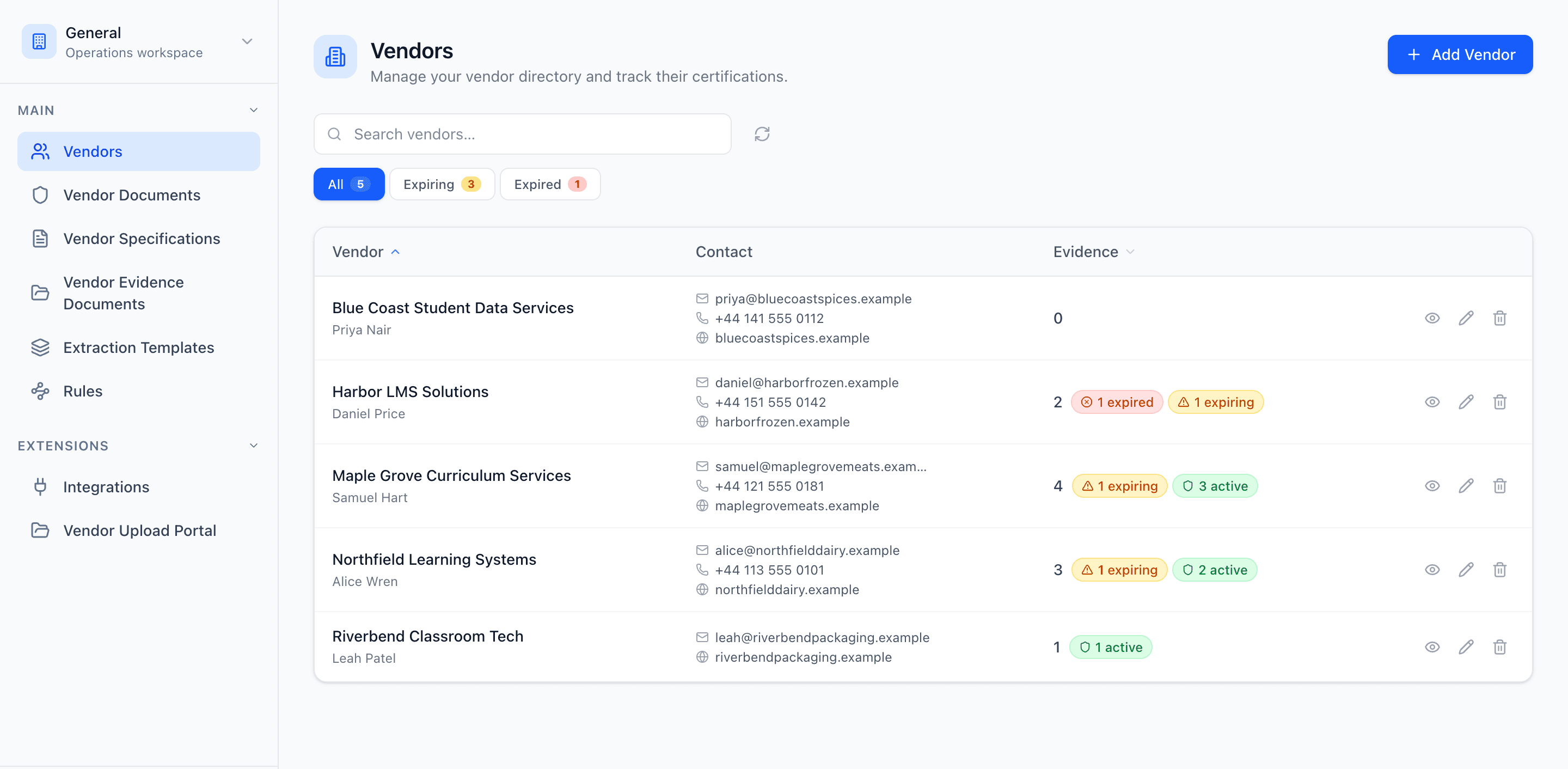 Evidash vendor management dashboard