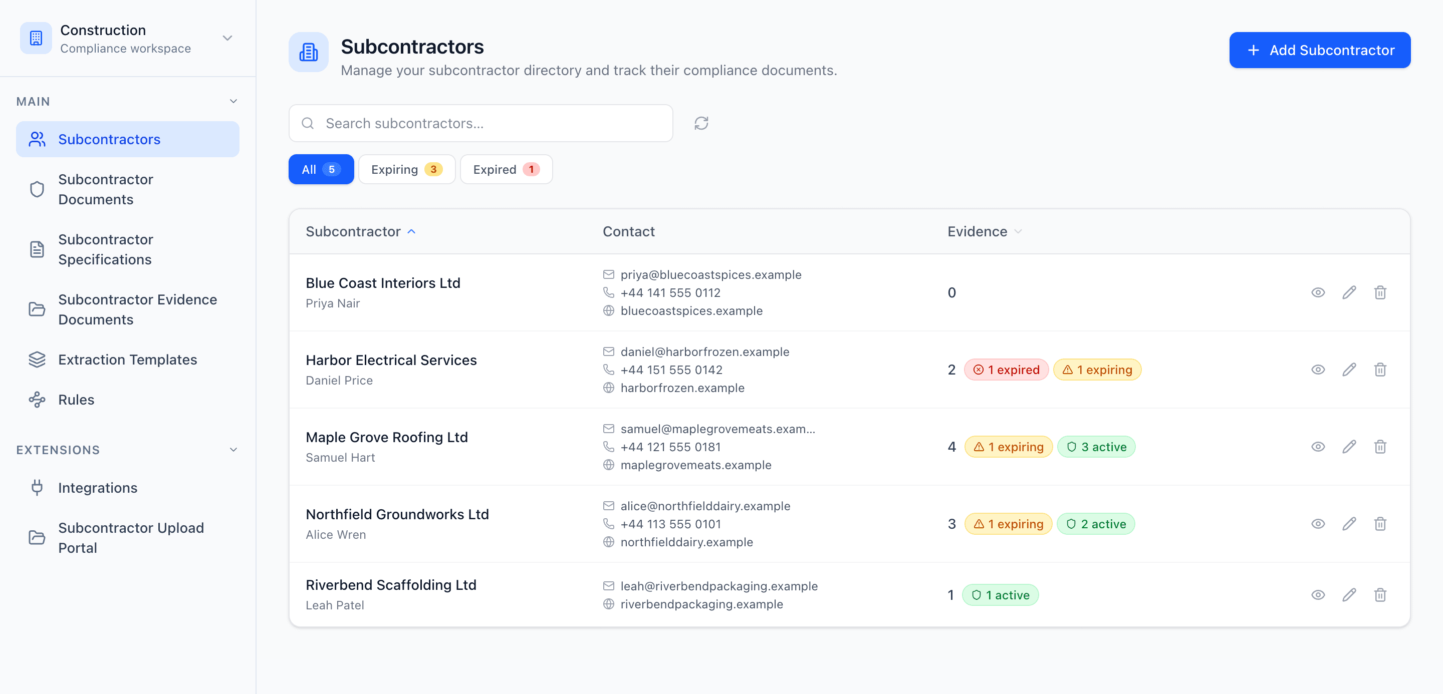 Evidash subcontractor compliance dashboard for construction teams